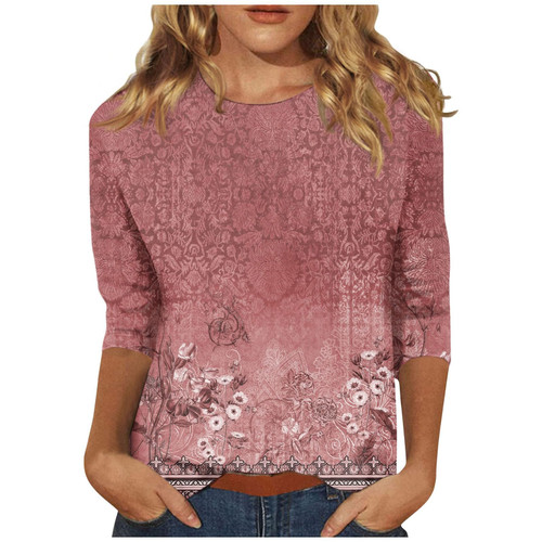 Oversized T Shirts for Women, Fall Clothing for Women 2023 Long Sleeve Shirts 3/4 Sleeve Shirts for Women Cute Print Graphic Tees Blouses Casual Plus Size Basic Tops Pullover (1-Brown,Medium)