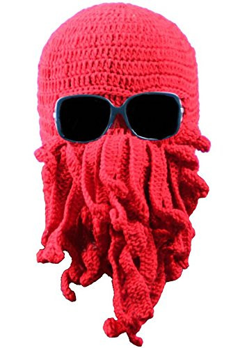 Bear boys Octopus Beanie Hat For Men Winter Warm Skiing Biking Costume Squid Mask (Red)
