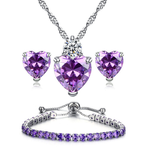 kai bao city heart Necklace and Stud Earrings Bangle Set Simulated gemstone Crystal Silver Fashion Adjustable Jewelry for Women Party Prom Engagement Wedding Gifts (purple)