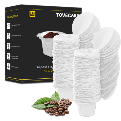 TOVECARE 200 Counts Disposable K Cup Paper Filters With Lid Compatible with Keurig Reusable K Cup Filters, Coffee Filters for Keurig Brewers Single Serve 1.0 2.0