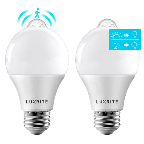 LUXRITE A19 LED Motion Sensor Light Bulbs, 60W Equivalent, Motion Activated Dusk to Dawn Sensor, 5000K Bright White, 800 Lumens, Security Light Bulb, Indoor/Outdoor, UL Listed, E26 Base (2 Pack)