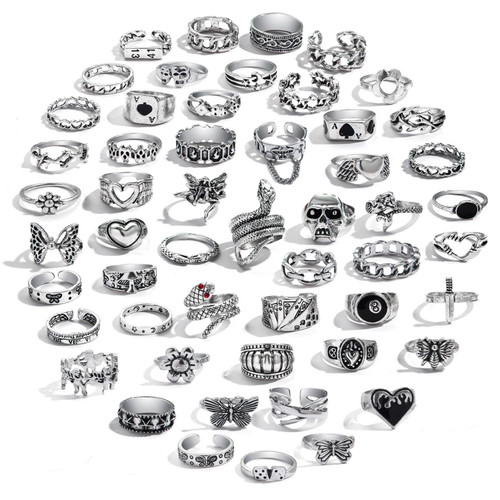 53 PCS Vintage Silver Knuckle Rings Set for Women Teen Girl, Stackable Joint Finger Statement Rings Bohemian Retro Hollow Carved Midi Rings, Boho Y2k Snake Butterfly Heart Chunky Stacking Rings Pack (53Pcs Vintage Silver)