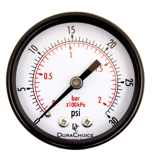 DuraChoice 2' Dial Utility Pressure Gauge for Air Compressor Water Oil Gas, 1/4' NPT Center Back Mount, Black Steel Case, 0-30 PSI
