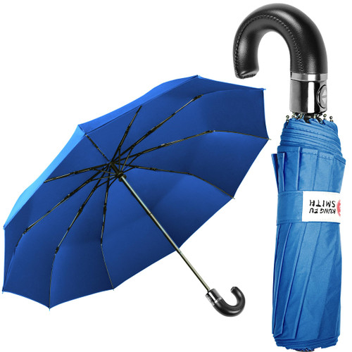 Blue Small Travel Umbrella with Leather Hook Handle - Umbrellas for Rain Windproof, Strong Compact Umbrella for Wind and Rain, Perfect Car Umbrella, Golf Umbrella, Backpack, and On-the-Go