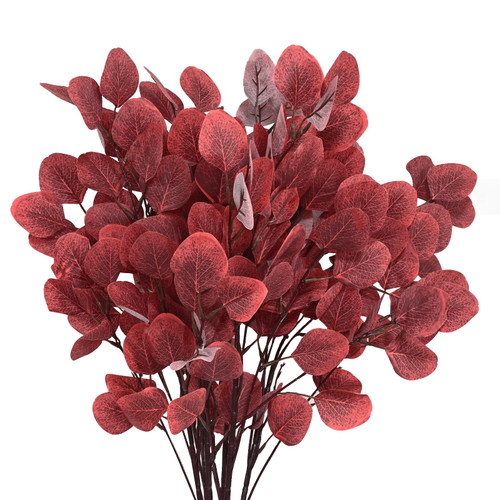 Dolicer 6 Pcs Artificial Eucalyptus Leaves, 35.4" Tall Silver Dollar Eucalyptus Leaf Plant Eucalyptus Leaves Stems Fake Eucalyptus Garland Branches for Home Wedding Autumn Thanksgiving Decor, Red
