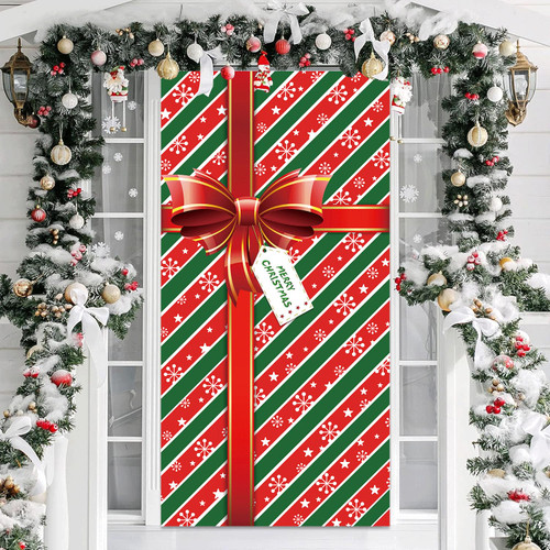 Christmas Door Cover, Merry Christmas Decorations Red Gift Box Christmas Front Door Banner Xmas Photography Backdrop Photo Booth Props Decorations for House Door