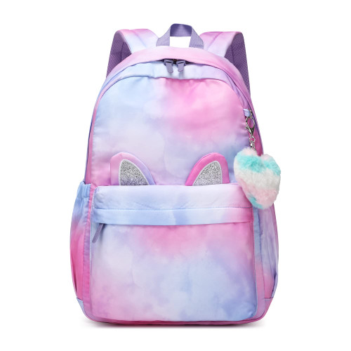 Reqinqin Kids Backpack Waterproof Large Space School Backpacks Suitable for Age for Over 6 Years old Lightweight Travel Cat Ear Heart Keychain Backpack for Girls?Purple?