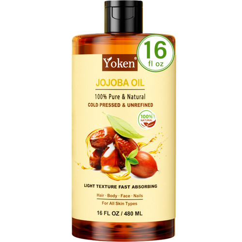 Yoken Pure Jojoba Oil 16 fl oz - 100% Natural Jojoba Oil for Hair, Skin & Face, Cold Pressed Unrefined, Deeply Moisturizing Jojoba Carrier Oil for Essential Oils Mixing, Soap Making