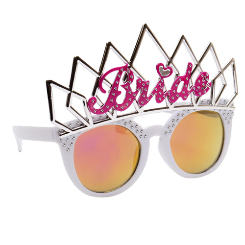 Sun-Staches Bride Sunglasses with Tiara Costume Accessory UV400 White Frames Pink Lenses, One Size Fits Most