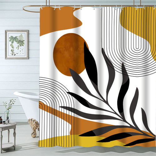 Famiffty Mid Century Shower Curtain 60Wx72L Inches Abstract Shower Curtain Brown Boho Sun Modern Orange Geometric Arch Minimalist Leaves Bathroom Decor Waterproof Polyester Fabric 12 Hooks