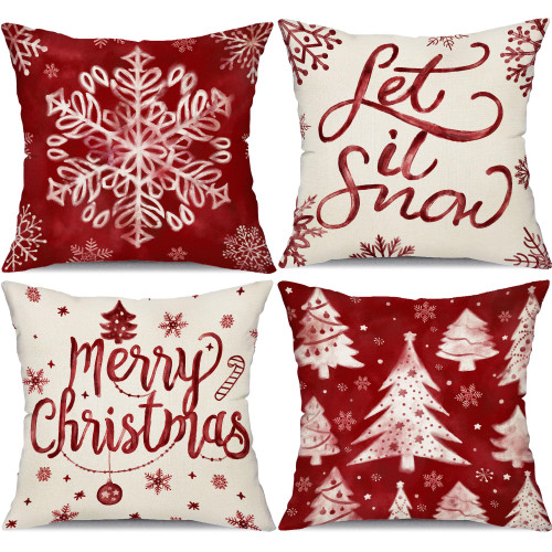 DFXSZ Christmas Pillow Covers 18x18 inch Set of 4 Christmas Tree Snowflake Merry Christmas Decorative Red White Throw Pillow Covers Winter Farmhouse Decoration for Home Couch 135