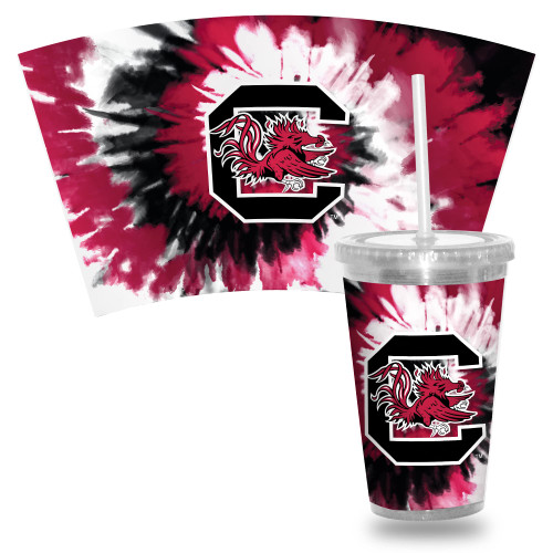 Rico Industries NCAA South Carolina Gamecocks Metallic Tye Dye 16oz Clear Tumbler W/Straw,White