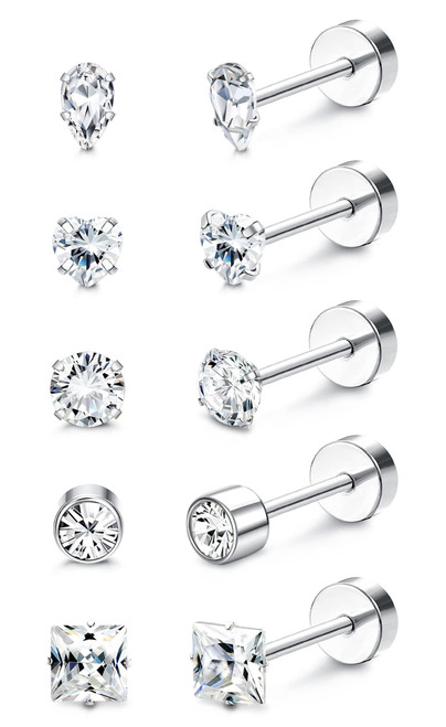 MILACOLATO G23 Titanium Flat Back Earrings Surgical Stainless Steel Stud Earrings for Women Men's Sensitive Ears Cubic Zirconia Sleeper Cartilage Screwback Earrings Studs for Multiple Piercing