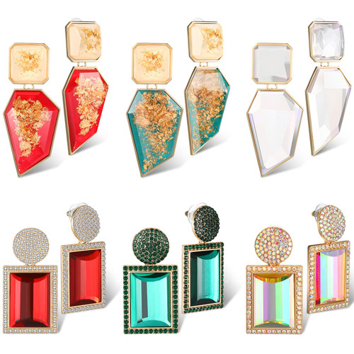 6 Pairs Rhinestone Rectangle Dangle Earrings Geometric Statement Earrings Bohemian Crystal Drop Earring for Women Girls