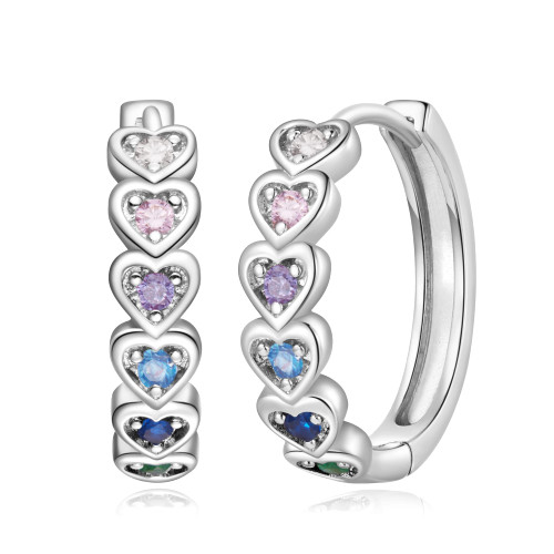 Heart Rainbow Hoop Earrings for Women Girls Silver Multicolor Cubic Zirconia Huggie Hoop Earrings with 925 Sterling Silver Post | 20mm