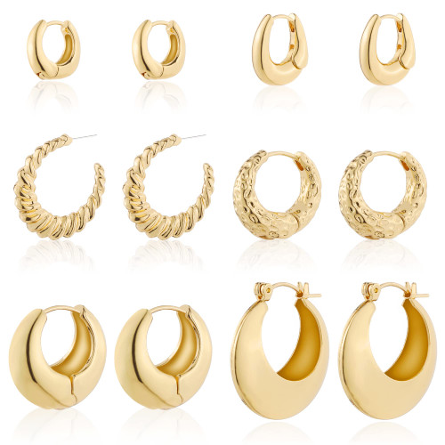 Wgoud Gold Hoop Earrings for Women, Chunky Lightweight Twisted Open Hoops Earring Set, Hypoallergenic Thick Huggie Hoop Earrings for Women Girls. (6 gold hoops)