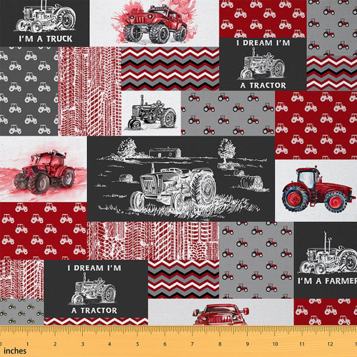 Tractor Fabric by The Yard, Geometric Stripes Plaid Upholstery Fabric, Rustic Vehicle Truck Indoor Outdoor Fabric for Quilting Sewing, Cartoon Car DIY Material by The Yard, 1 Yard, Red Black Grey
