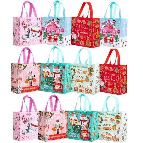 WRAPAHOLIC 12 Pack Christmas Reusable Gift Bag with Handles - Medium Size 10.5 x 5 x 10.5 inch - Christmas Pink and Green Design, Perfect for Christmas Gift Bags, Party Favor Bags