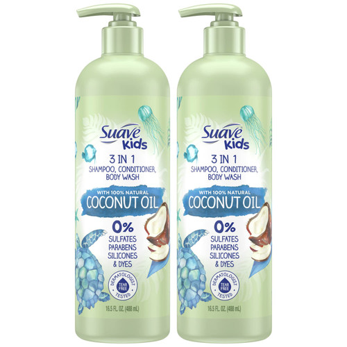 Suave Kids Shampoo and Conditioner 3 in 1 with Kids Body Wash - 100% Natural Coconut Oil, Tear Free Shampoo and Kids Soap, 16.5 Oz (Pack of 2)