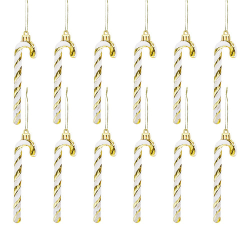 GWHOLE 12 Pack of Glitter Christmas Plastic Candy Cane Christmas Tree Hanging Ornaments for Holiday Party Decoration Favors, Gold