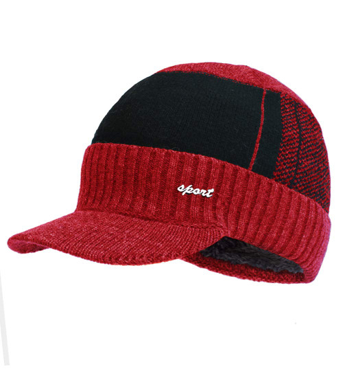 Men's Outdoor Newsboy Hat Winter Warm Thick Knit Beanie Cap Fleece Lined Skull Ski Cap with Visor Red