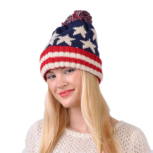 Parquet American Flag Knit Pom Beanie Ski Hat with Stars