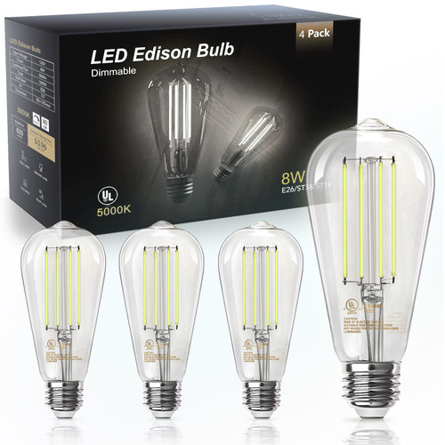 TJOY Edison Light Bulbs 60W Equivalent, Dimmable Vintage LED Light Bulbs, E26 Medium Base, 5000K Daylight, ST58, 8W, 800LM, 80+ CRI, Antique Decorative Filament LED Bulb, Clear Glasses, 4 Pack TJOY Edison Light Bulbs 60W Equivalent, Dimmable Vintage LED Light Bulbs, E26 Medium Base, 5000K Daylight, ST58, 8W, 800LM, 80+ CRI, Antique Decorative Filament LED Bulb, Clear Glasses, 4 Pack