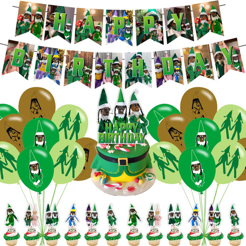Christmas Elf Birthday Party Decorations,Party Supply Set for Kids with 1 Happy Birthday Banner Garland , 13 Cupcake Toppers ,18 Christmas Elf Balloons for Christmas Elf Party Decorations