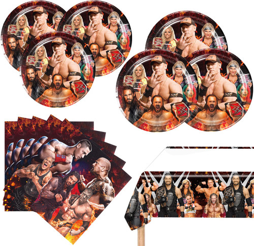 41Pcs Wrestling Birthday Decorations Include 20 Plates, 20 Napkins and 1 Tablecover for Wrestling Birthday Party Supplies