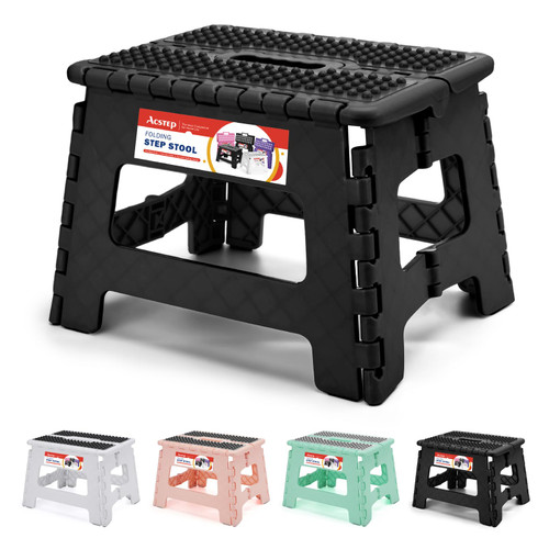 ACSTEP 9 Inch Folding Step Stool 300 LB Capacity Non Slip Foot Stool with Handle Plastic Foldable Step Stools for Kids Stepping Stool for Bathroom Black Small Step Stool (1 PC Black)