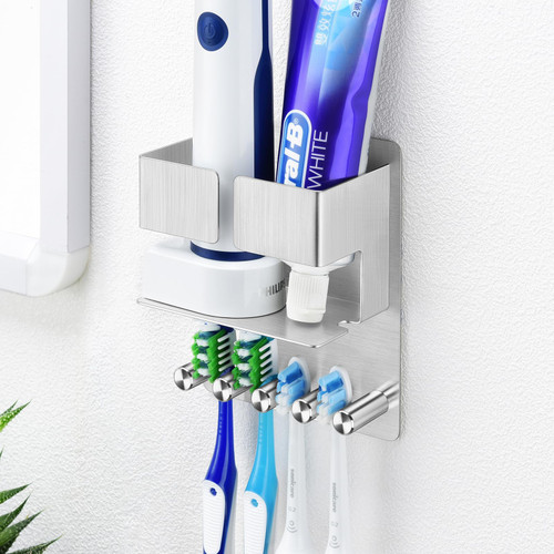 Oukimly Toothbrush Holder Wall Mounted, Electric Toothbrush Holder, Stainless Steel Tooth Brushing Holder, Shower Toothbrush and Toothpaste Holder, Adhesive Toothbrush Organizer for Bathroom, 4 Slots
