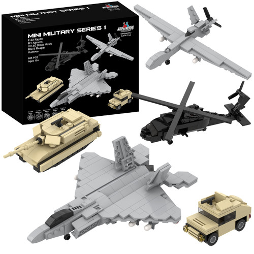 Apostrophe Games 5 Military Building Block Sets (665 Pieces) F-22 Raptor, M1 Abrams Tank, Black Hawk Helicopter, Reaper UAV and Humvee Army Truck Scale Models for Kids and Adults