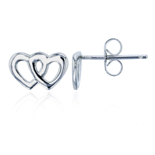 Sterling Silver Rhodium Polished Interlocked Double Heart Stud Earring