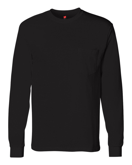 Hanes Tagless 6.1 oz Long-Sleeve with Pocket, Black, XL