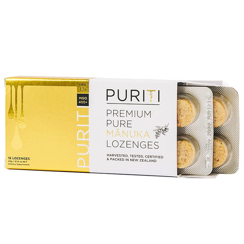 PURITI Premium Manuka Honey Lozenges High Potency - Sugar Free Drops | Genuine New Zealand Raw Manuka Honey Soothers for Coughs & Sore Throats | UMF Certified MGO 400+ UMF12+ (16 Pack) PURITI Premium Manuka Honey Lozenges High Potency - Sugar Free Drops | Genuine New Zealand Raw Manuka Honey Soothers for Coughs & Sore Throats | UMF Certified MGO 400+ UMF12+ (16 Pack)