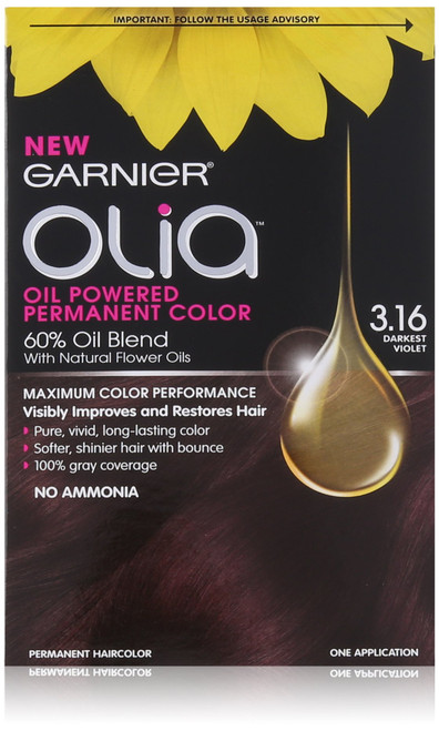 Garnier Olia Oil Powered Permanent Haircolor, 3.16 Darkest Violet (Packaging May Vary)