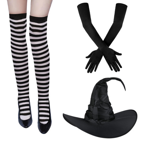 KINBOM 3pcs Halloween Witch Costume, Halloween Costume Witch Hat with High Socks Witch Gloves Witch Hat Party Favors for Cosplay Party Decoration (Black)