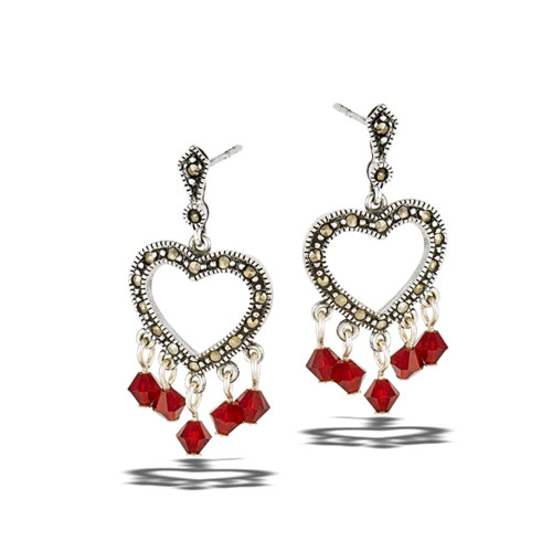 Sterling Silver Promise Heart Open Studded Chandelier Earrings Simulated Marcasite