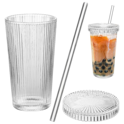 UPKOCH Glass Cups Glass Tumbler with Straw and Lid Stripe Glass Cup Straw Drinking Glasses Iced Coffee Cups Glass Cups with Lid for Coffee Milk Tea Smoothie Drinking Glasses