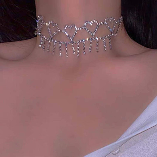 Masiter Glitter Rhinestone Necklace Tassel Crystal Choker Lolita Hollow Heart Tennis Chain Dating Birthday Costume Jewelry for Women and Girls