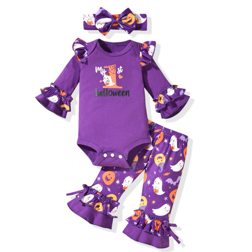 HINTINA 0-3 Months Infant Baby Girl 1st First Halloween Outfits Pumpkin Ghost Bodysuit Bell Bottom Flare Pants Fall Winter Clothes Clothing Set
