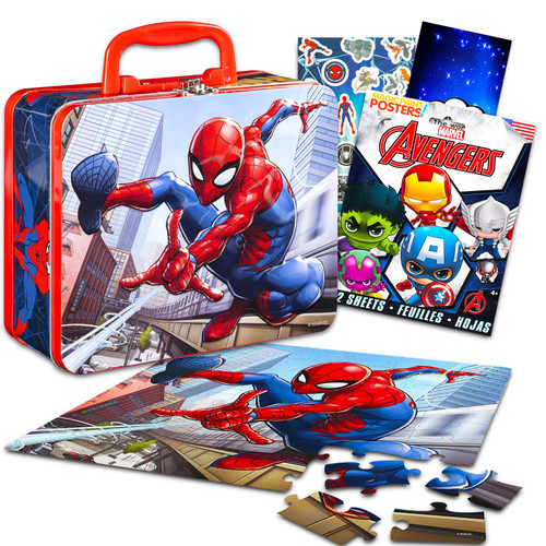Marvel Store Spiderman Puzzle Tin Bundle - 4 Pc Set Includes Spiderman Puzzle Tin (48 pc), Stickers, Poster and More | Spiderman Gift Set