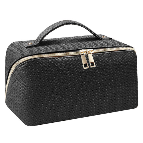 Muchfox Travel Makeup Bag - Large Capacity Travel Cosmetic Bag for Women, Portable PU Leather Waterproof Travel Toiletry Bag with Handle and Divider Flat Lay Checkered Makeup Organizer Bags (Black) Muchfox Travel Makeup Bag - Large Capacity Travel Cosmetic Bag for Women, Portable PU Leather Waterproof Travel Toiletry Bag with Handle and Divider Flat Lay Checkered Makeup Organizer Bags (Black)