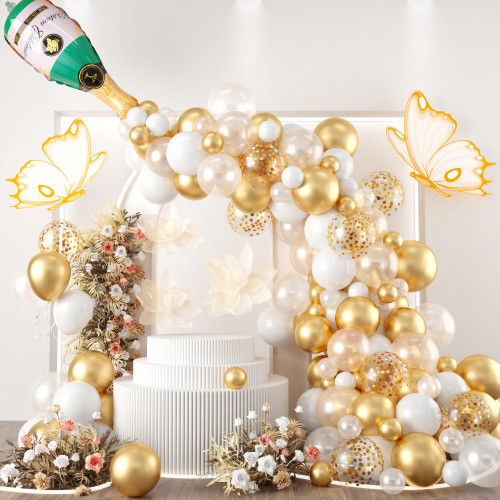 Gold White Balloon Arch Kit, 111 PCS White Gold Balloon Garland Kit, Latex Balloons with Champagne Foil Balloons Metallic Gold Balloons Arch Kit for Birthday Party Baby Shower Wedding Decorations