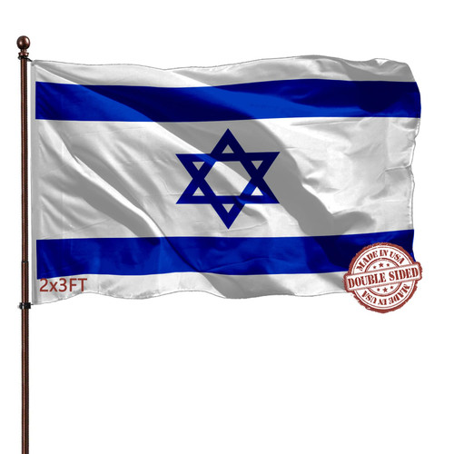 Double Sided Israeli Flag 2x3 Banner Outdoor- Heavy Duty 3Ply 240D Polyester Vivid Colors- Israel Flag Banner 2x3-2 Rows Stitched and Canvas Header with 2 Brass Grommets