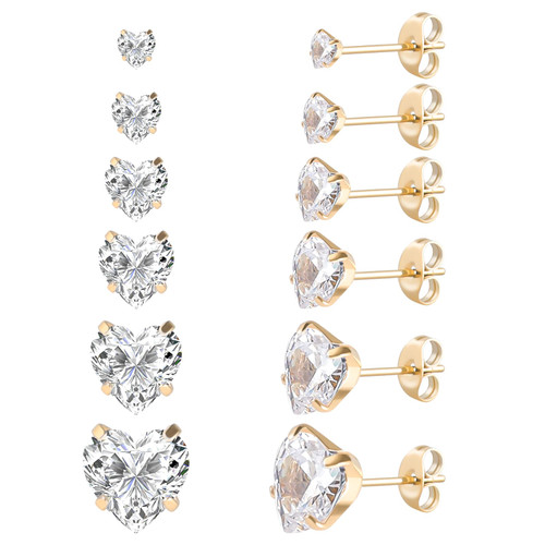 6 Pairs Surgical Stainless Steel Screw back Stud Earrings, 18K Gold Plated Heart Square Princess Cut Round Cubic Zirconia CZ Stud Earrings Set (Gold heart butterfly back)