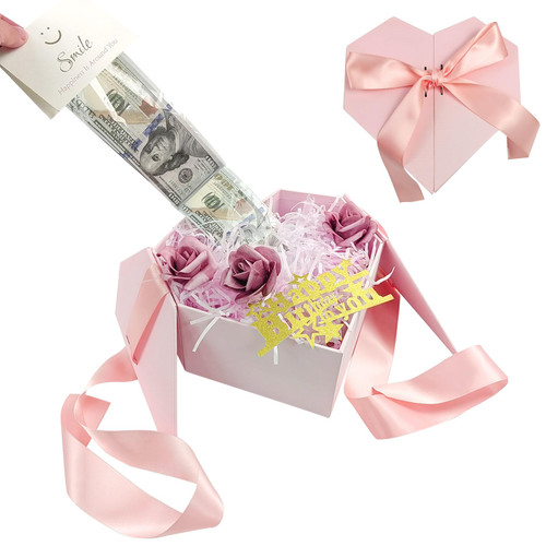 Money Pull Box for Cash Gift, Money Gift Box for Cash Gift Pink Ideas Loving Box Money Roll Gift Box with Card and Ribbon Money Gift Surprise Box Pull for Christmas Birthday Valentine's Day