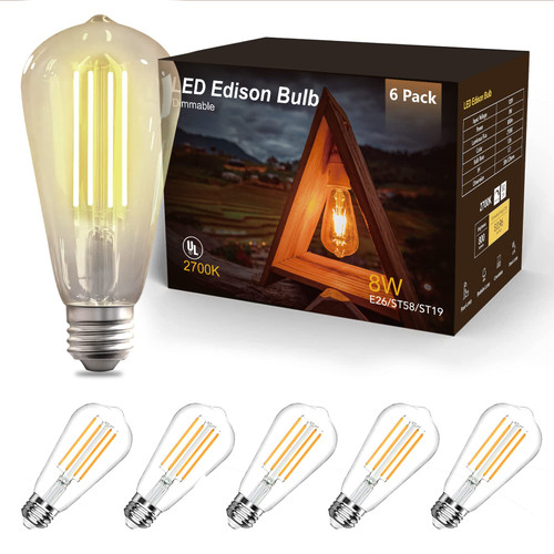 phopollo Vintage LED Edison Bulbs, Dimmable 2700K Warm White, 8W 800Lumens, 60W Equivalent Incandescent, ST58 Antique LED Filament Bulbs, 80+ CRI, E26 Medium Base, Clear Glass, 6 Pack