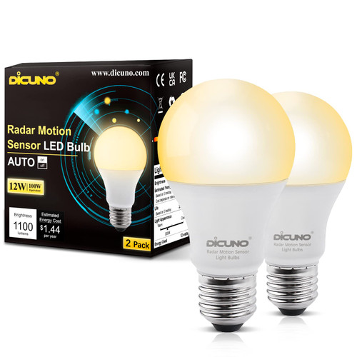 DiCUNO Radar Motion Sensor Light Bulb Outdoor, 12W (100W Equivalent) A19 Motion Sensor Bulb Auto on/Off, 1100 LM 3000K Warm White, Outdoor Lighting for Front Porch Garage, 2 Pack