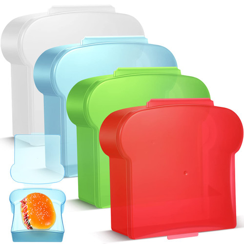 Meanplan 4 Pcs Sandwich Containers Sandwich Box Food Storage Toast Shape Holder Plastic for Lunch Boxes Bread Sandwich Keeper for Kids Adults Prep Microwave Dishwasher Safe, 14 oz (Bright Color)